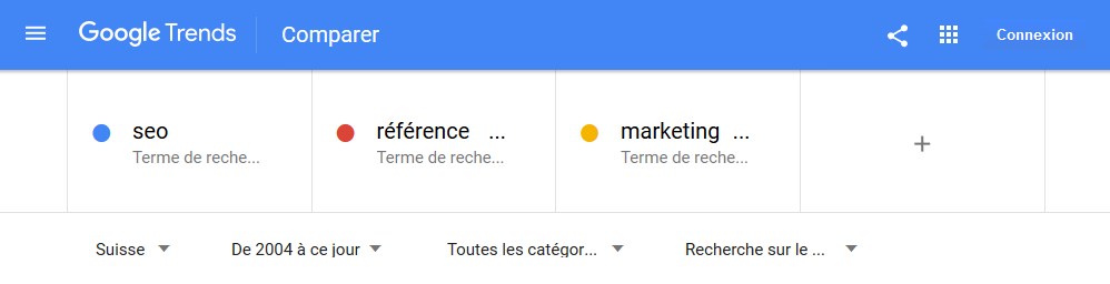 Google trends aperçu pour les mots seo webmarketing et marketing digital