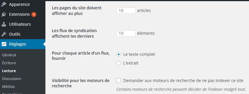 Capture d'écran option WordPress - ne pas indéxer son site