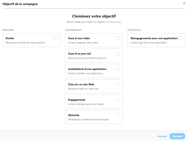 choisir un objectif de campagne twitter ads